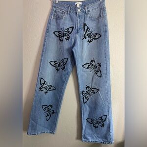 Forever 21 Butterfly Graphic Jeans Women’s Size 28, Baggy Y2K Wide Leg Jeans